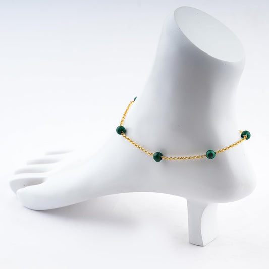 Jewel of Rocks Malachite Beaded Anklet Bracelet, Handmade Craft, Beads, Chakra Healing, Gemstone Women Jewelry, Hypoallergenic Gold Plated Brass 9 inch + 1.5 inch (1pcs)