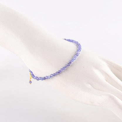 Natural Blue Tanzanite Gemstone Micro Beads Dainty Bracelet Jewelry for Women, December Birthstone, Chakra Energy Crystals, 14k Gold Plated Chain 8 inch Adjustable