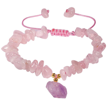 Jewever Chip Reiki Raw Amethyst Rose Quartz Crystal Bracelet for Women Chakra Tumbled Healing Crystals and Gemstones Yoga Meditation Stone Bracelets Adjustable (Rose Quartz)