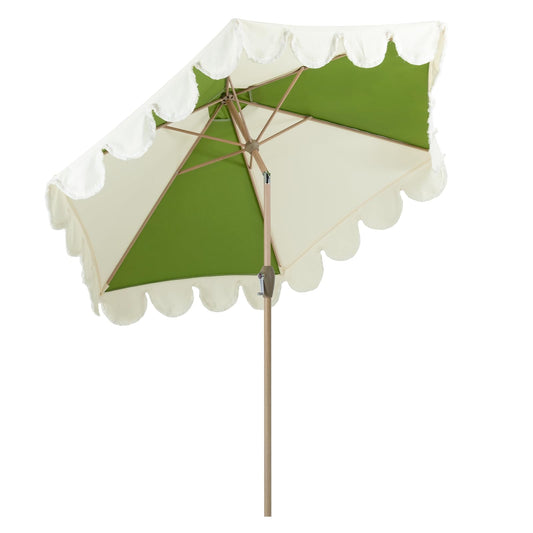 Tempera 9ft Scalloped Patio Umbrellas with Fringe, Market Umbrellas with Water-Resistant and Fade Resistant Canopy, 1.5" Wood Pole & Button Tilt.