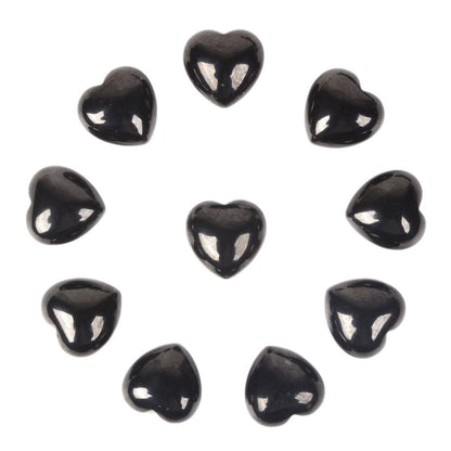 Justinstones Black Jet Lignite Natural Gemstone Healing Crystal 0.8" Mini Puffy Heart Pocket Stone Iron Gift Box (Pack of 10)