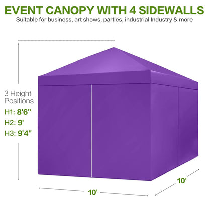 Tunbne 10X10 Comercial Pop Up Canopy Tent with 4 Sidewalls and 6 Pockets, One Push Setup Center Lock, for Beach Patio Outdoor, Case, 8 Stakes, 4 Ropes, 4 Sandbags (Purple)