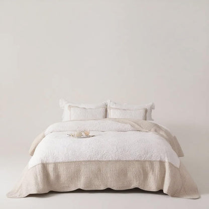 BOV Queen Quilt Bedding Set - Cotton Full Size Quilt Set with 2 Pillow Shams, Lightweight Bedspread Coverlet Queen Size Quilts for Bed Set, All Season Floral Embroidery 96"X92" Light Beige Ivory