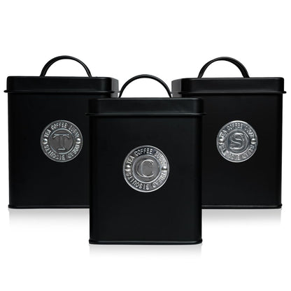 Plexon Canisters Sets for the Kitchen, Kitchen Canisters for Countertop Set of 3, Canister Sets with Lids and Copper Labels, Black