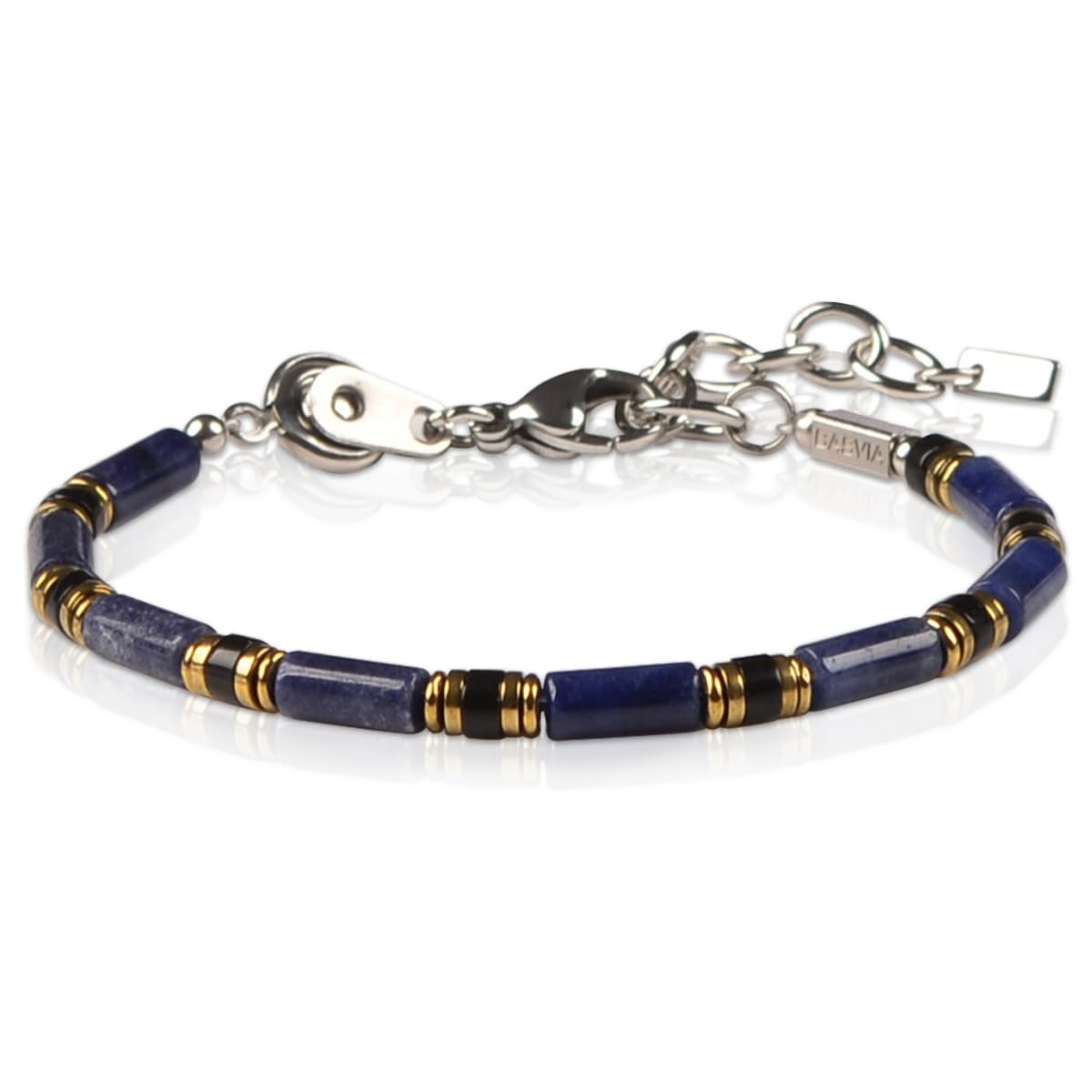 Casvia Men's Indigo Blue Stone Beaded Bracelet, Obsidian & Hematite, Stainless Steel Dual-Clasp, Adjustable, Durable Daily Wear, Azure Veil, Ideal Gift for Men Dad Boyfriend Son
