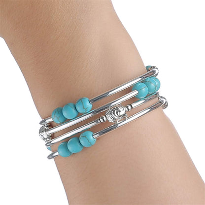 PEARL&CLUB Beaded Chakra Bangle Turquoise Bracelet - Fashion Jewelry Wrap Bracelet with Thick Silver Metal and Mala Beads, Birthday Gifts For Women(58-Turquoise)