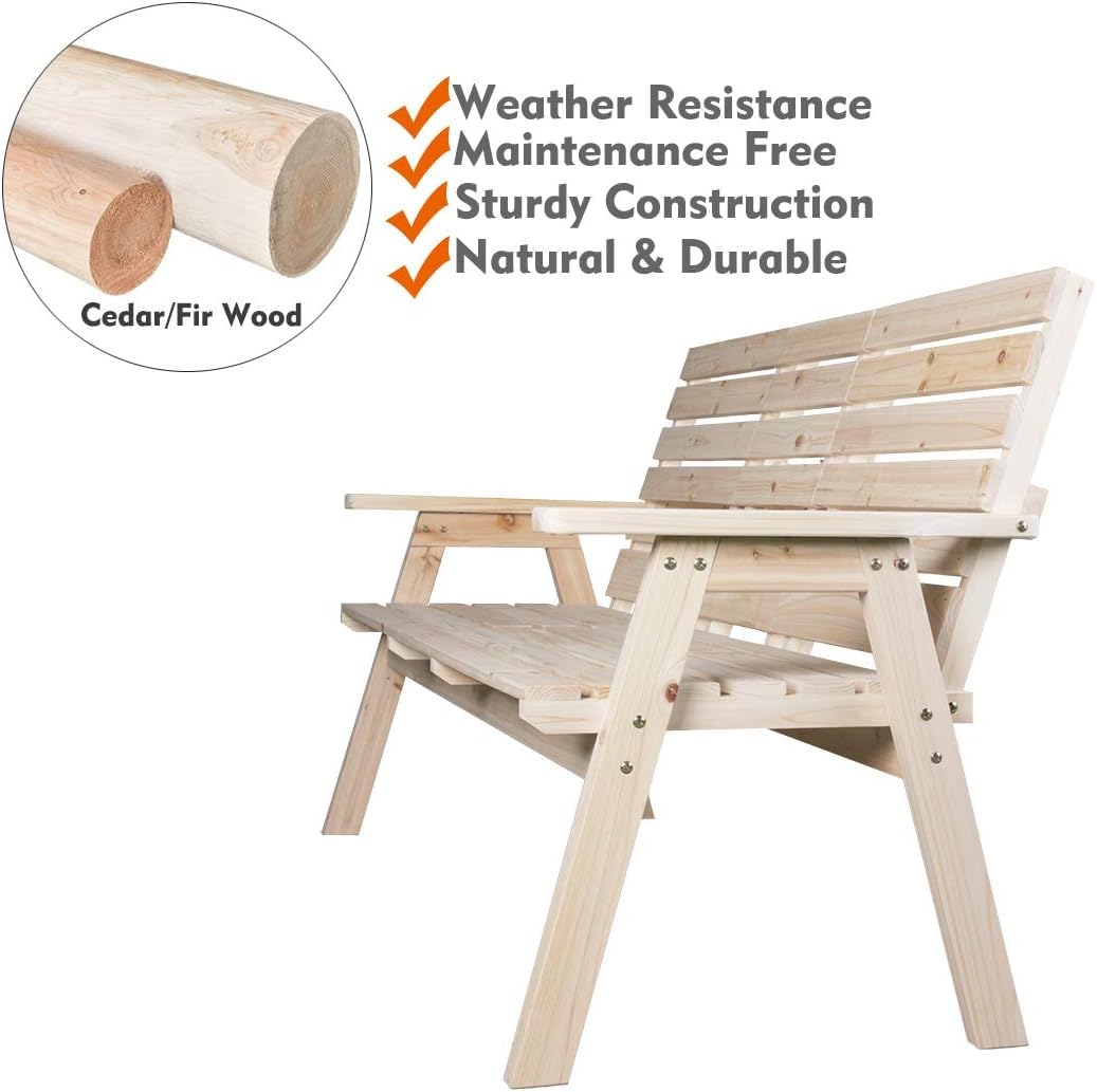 FORTUNO Cedar/Fir Log Wood Patio Garden Bench with Foldable Table, Outdoor Wooden Porch 3-Seat Bench Chair for Garden Balcony Patio Backyard, Natural Finish