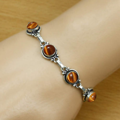 Natural Tiger Eye 925 Silver Plated Round Gemstone Adjustable Bracelet for Women - November Birthstone Bohemian Vintage Style Handmade Jewelry Bracelet - Gift for Her