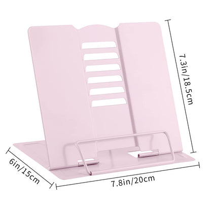 MSDADA Book Stand Metal Reading Rest Book Holder Adjustable Cookbook Documents Holder Portable Bookstands for Recipes Textbooks with Page Clips Birthday Gifts for Girls Mom Students(Macaron Pink)