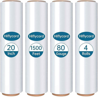 Stretch Film Shrink Wrap Roll 20" x 1500FT, Heavy Duty 80 Gauge Stretch Wrap Roll, Industrial Plastic Wrap for Moving, 800% Stretch for Packing, Pallets, Shipping&Furniture Protection(4 Roll Clear)