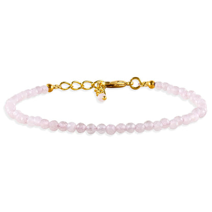 Natural Pink Rose Quartz Gemstone Micro Beads Dainty Bracelet Jewelry for Women, Birthstone, Chakra Energy Crystals, 14k Gold Plated Chain 8 inch Adjustable