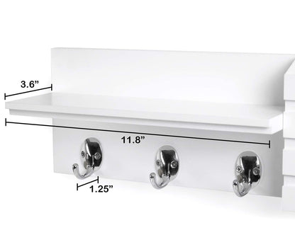 Greenco Entryway Wall Mounted Floating Shelf Letter Holder with Hooks, Hat and Coat Wooden Hanging Storage Shelf, 24” – White