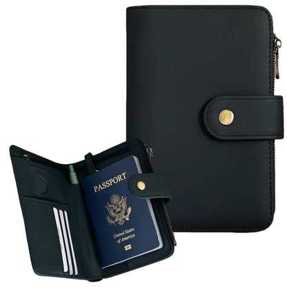 Genuine Leather Passport Wallet, RFID Blocking Passport Holder with Tracker Slot, All in One Travel Wallet for Women/Men, Secure Passport Cover Case for Airport Essentials (Black)