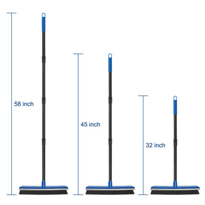 16 Inch 2-in-1 Squeegee Push Broom Outdoor Deck Brush 58" Long Handle for Patio Garage Warehouse Driveway Concrete Floor Cleaning Scrubbing(Blue)