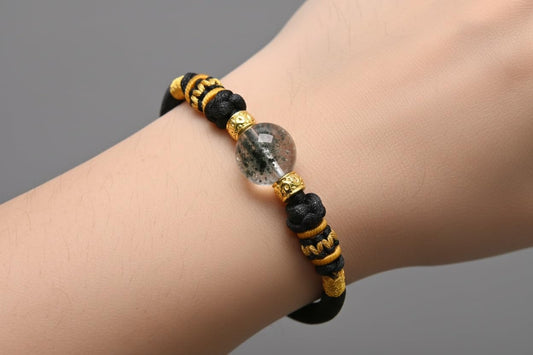 Chinese Style Fashion Natural Green Phantom Quartz (綠幽靈水晶) Bracelet for Men and Women, Adjustable Handmade Rope Lucky Gold Bead Jewelry, Healing Crystal Energy and Protection Gift, Feng Shui Inspired. The crystal is Green Phantom Quartz