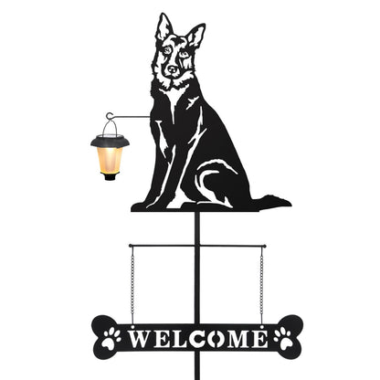 BAYN Solar German Shepherd Silhouette Dog Breed Welcome Sign with a Lantern Outdoor Decorative Garden Stakes for Yard, Lawn, Patio, Pathway