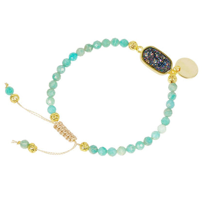 Nupuyai 4mm Faceted Stone Beads Bracelet for Women Men, Adjustable Healing Crystal Chakra Bracelet with Druzy Oval Charms, Amazonite