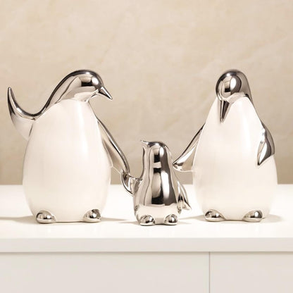Tuioyoc Set of 3 Ceramic Statues Aesthetic Abstract Penguins Sculpture Cute Modern Home Decor Decorative Statue for Living Room, Bedroom, Office, Table Centerpiece (White Silver)