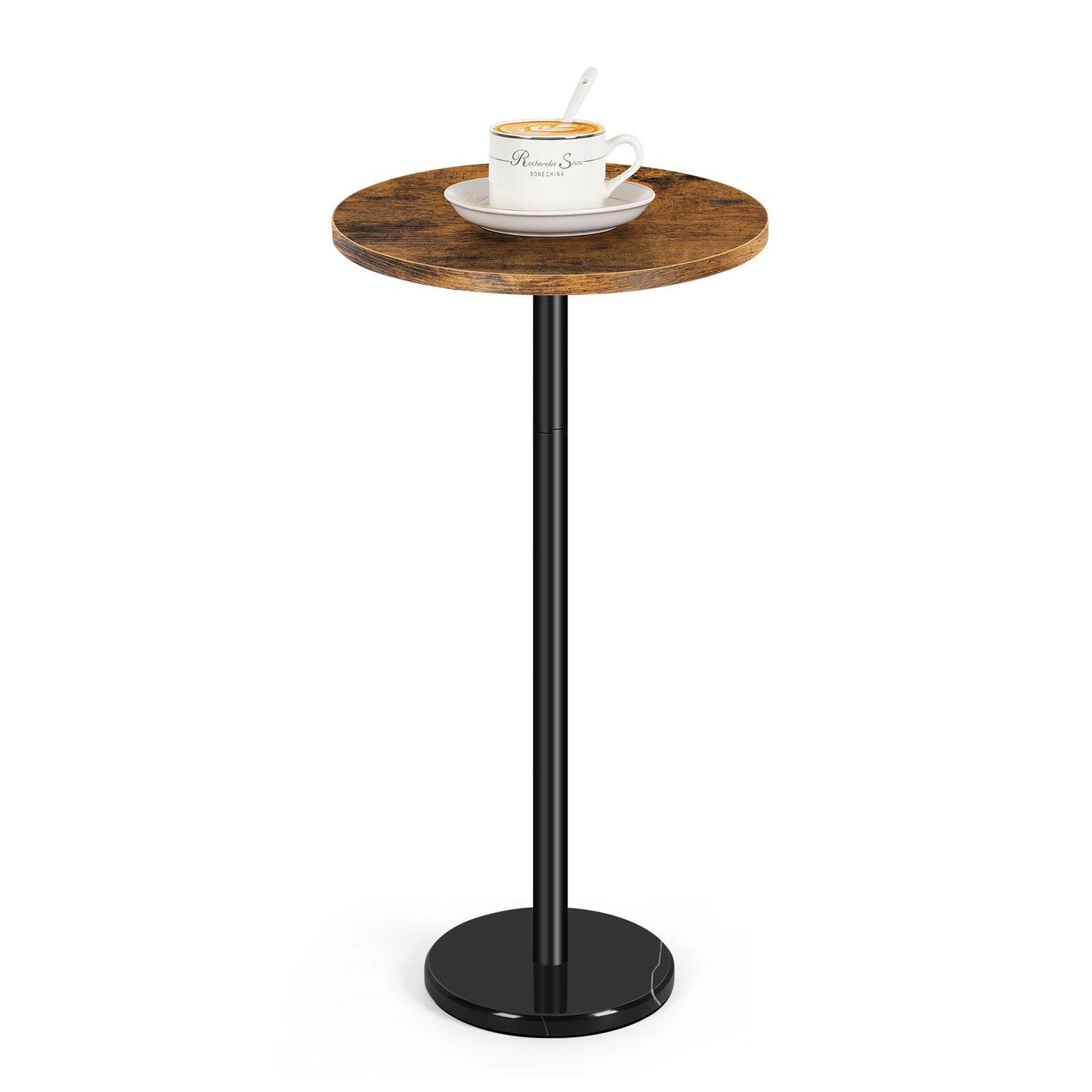 OYEAL Drink Side Table Small Round Cocktail Table for Patio Outdoor Pedestal Side Table Coffee Table with Black Marble Base for Sofa Couch, Rustic Brown & Black