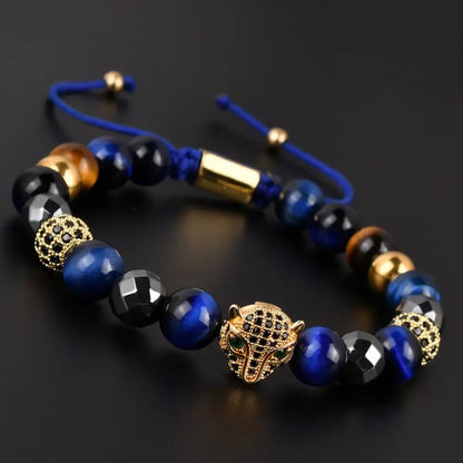 Blue Tiger Eye, Hematite CZ Leopard Charm Bracelet for Men and Women 8mm Natural Stone Beads Healing Crystals for Confidence Protection Focus Grounding Adjustable Braided Cord Spiritual Meditation Jewelry Yoga Gift Anxiety Relief Mindfulness Accessory Uni