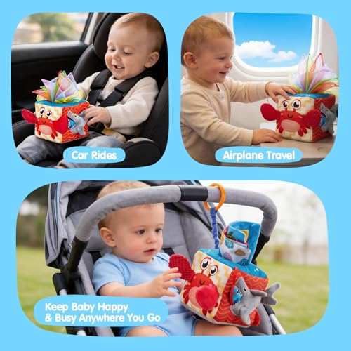 hahaland Baby Tissue Box Toy - Baby Toys 6-12 Months Montessori Toys for 6 Month Old with Textured Tails, Crinkle Tissues, Squeaky, Mirror, Play Silks Sensoy Scarves Baby Gifts 9 Month Old Travel Toys