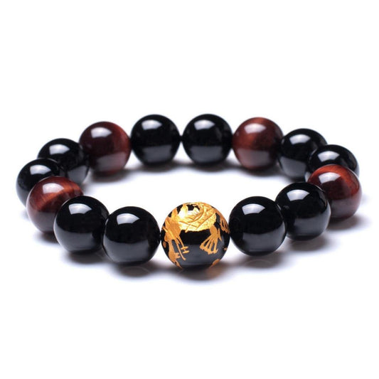 14mm Natural Lava Rock Black Beads Bracelets for Men | Vintage Design Yellow Tiger Eye Black Dragon Pattern Crystal Beaded Mens Bracelet | Bold Wrist Men’s Bracelets Beads Set for Layered Looks