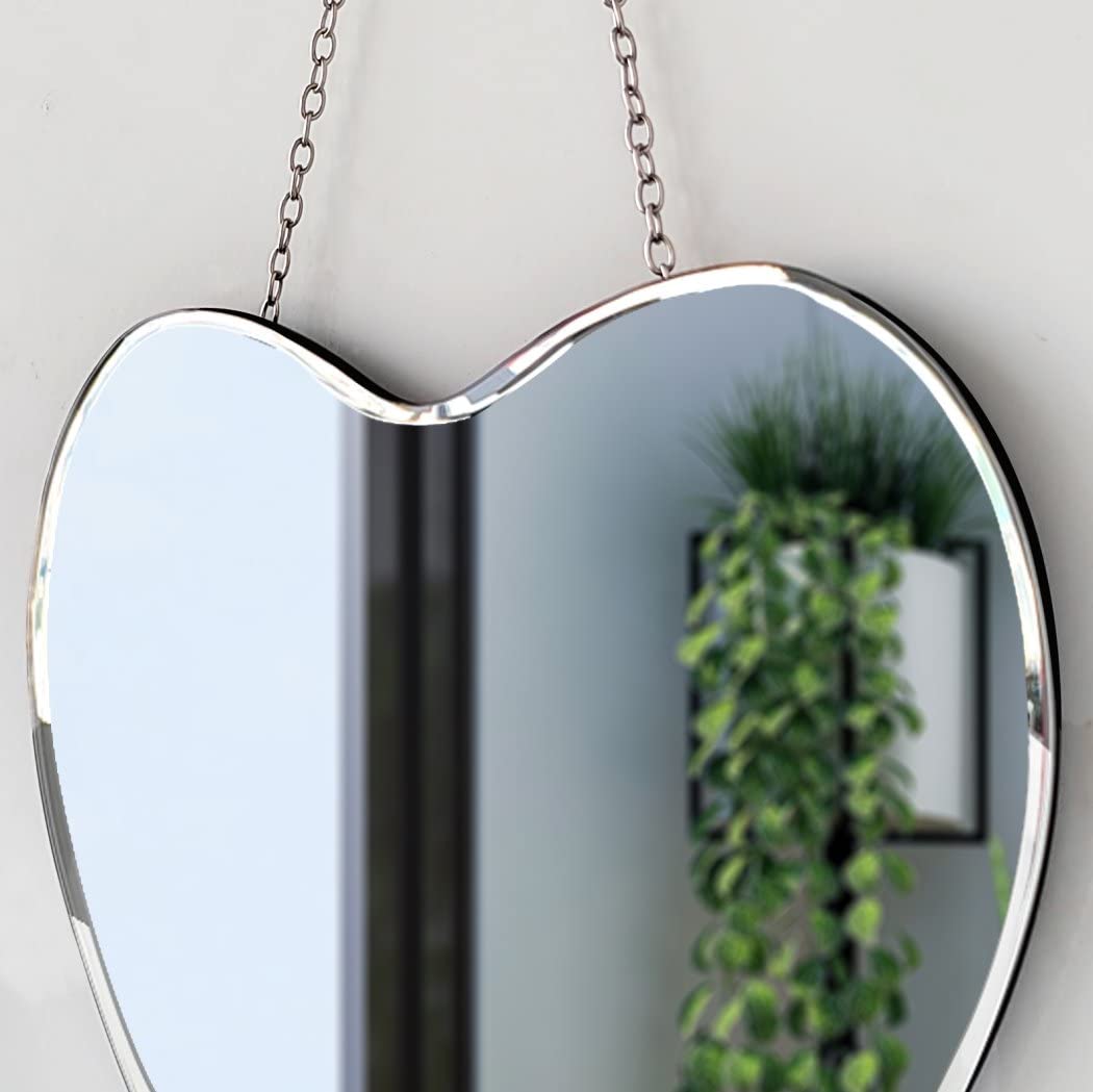 QMDECOR Heart Shaped Mirror with Iron Chain for Wall Decor 12x12 inch Wall Hang Real Glass Frameless Decorative Mirror Glam