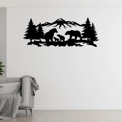 METALPLEX Mountain Bear Family Metal Wall Art – Fade-Resistant & Rust-Free Aluminum Composite Nature Wall Decor for Living Room – Bedroom & Cabin Aesthetic, Easy to Hang – Black, 40"x 16"