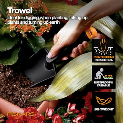 Fiskars Vegetable Gardening Essentials 6-Piece Tool Set for Cultivating, Serrated Stainless Steel Shears & 4-in-1 Seed Sower for Planting, Rust-Resistant Steel Trowel, Cultivator, Weeder, L/XL Gloves