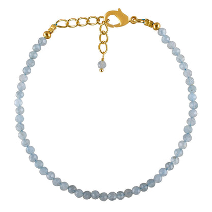 Natural Blue Aquamarine Gemstone Micro Beads Dainty Bracelet Jewelry for Women, March Birthstone, Chakra Energy Crystals, 14k Gold Plated Chain 8 inch Adjustable