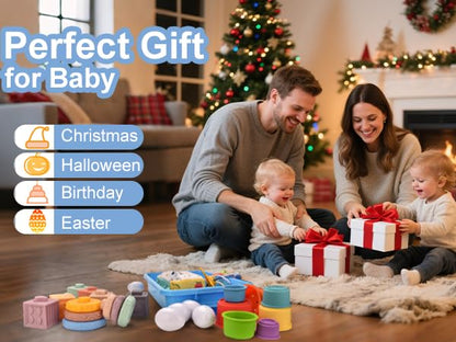 Baby Toys 6-12 Months,Montessori Toys for 6-9-12 Month old,6-in-1 Sensory Toys Stacking Cups Building Blocks,Teething Pull String,Tissue Box Toys for Babies 6-9-12,18-24 Months,1-3 Year old Baby Gifts