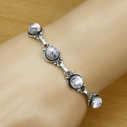 Natural Dendrite Opal 925 Silver Plated White Gemstone Bracelet for Women - October Birthstone Vintage Style Handmade Adjustable Bracelet - Mother's Day Gifts for Her