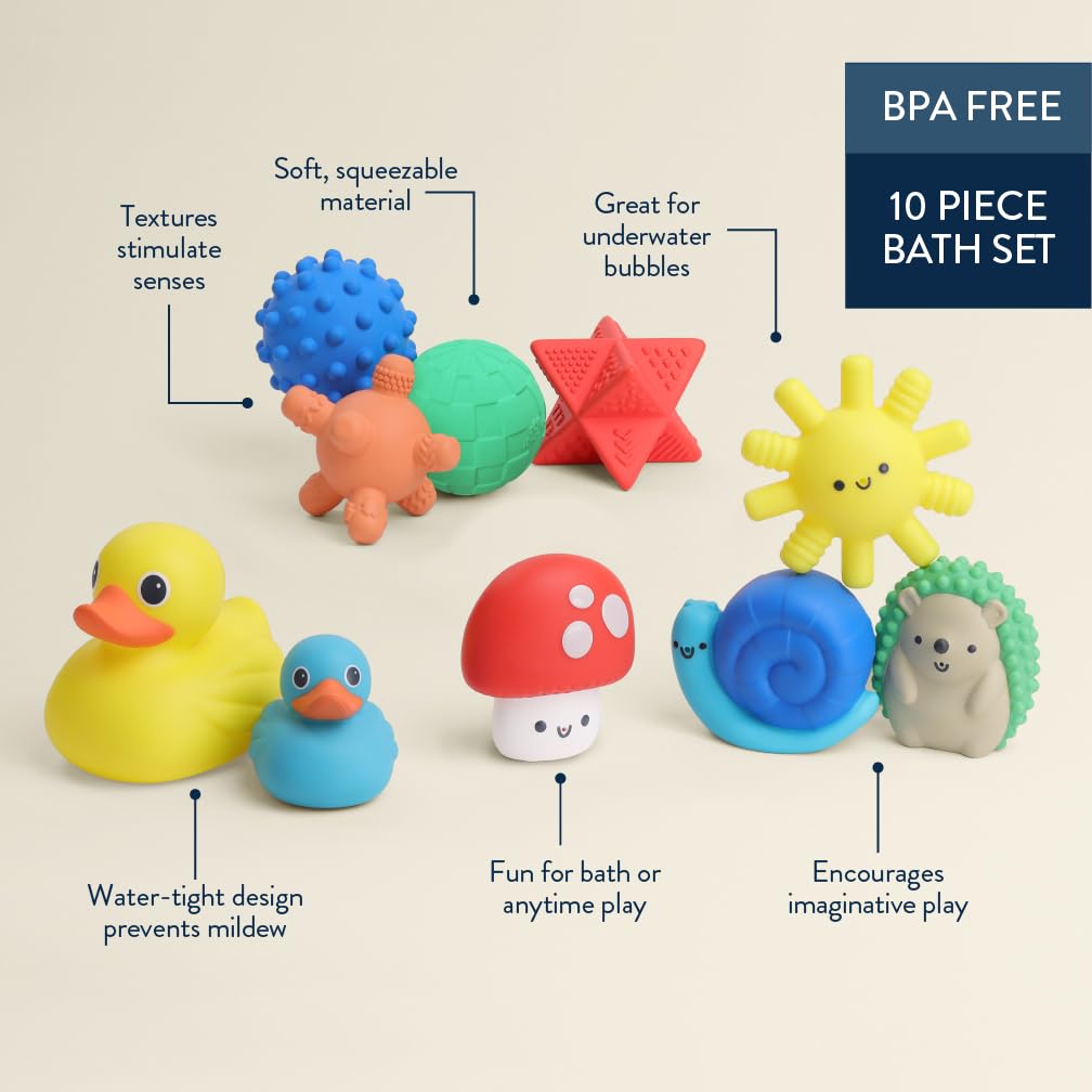Itzy Ritzy 10-Piece Water Bath Toys Gift Set – Soft, Squeezable Multicolor Sensory Toy Set for Motor Skills, Imaginative Play, and Fun Bathtime Activities