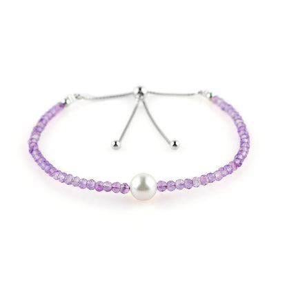 CRYSTALIS Natural Amethyst Beads Slider Bracelet with Elegant Pearl, High Grade Beaded Crystals, Chakra Healing Gemstone, Gift Giving Women Jewelry, 925 Sterling Silver Slider 10 inch