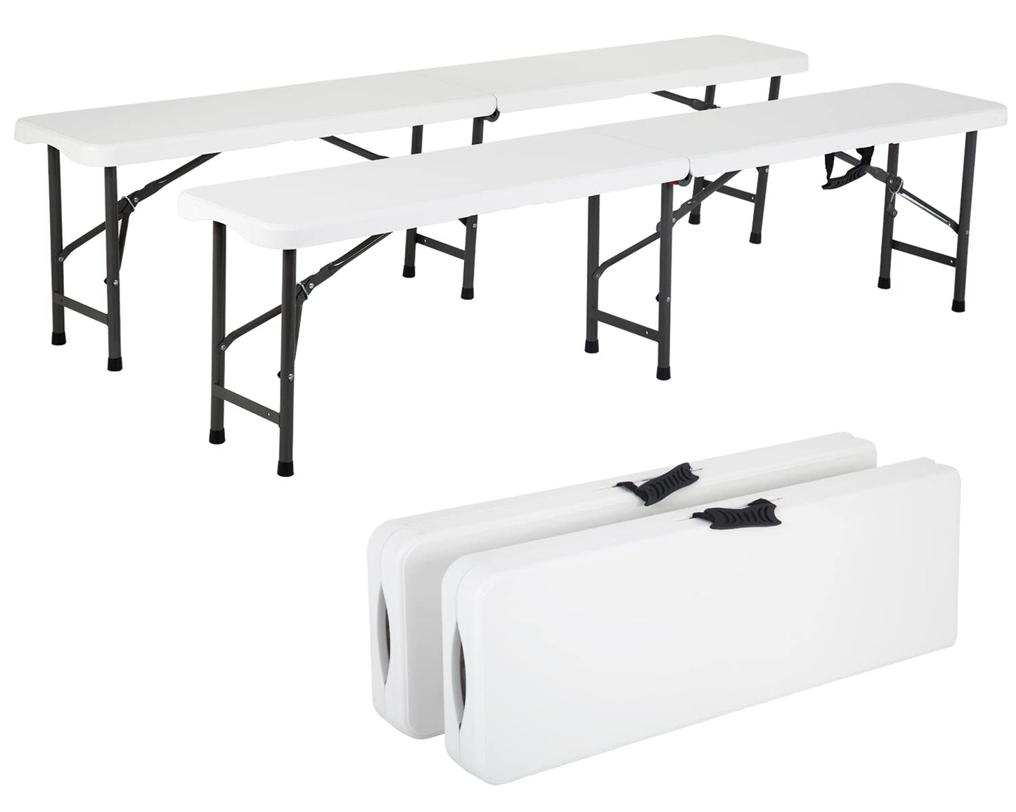 6FT Bench Chair Plastic Folding Bench Plastic Portable Outdoor Bench Garden Bench with Carrying Handle and Lock for Camping Picnic Party Dining 2 Pack White