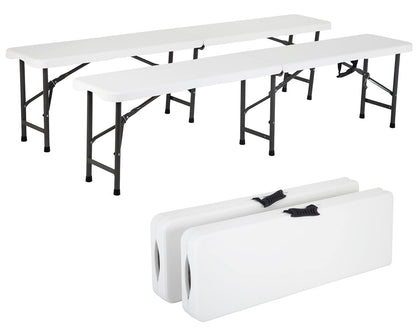 6FT Bench Chair Plastic Folding Bench Plastic Portable Outdoor Bench Garden Bench with Carrying Handle and Lock for Camping Picnic Party Dining 2 Pack White