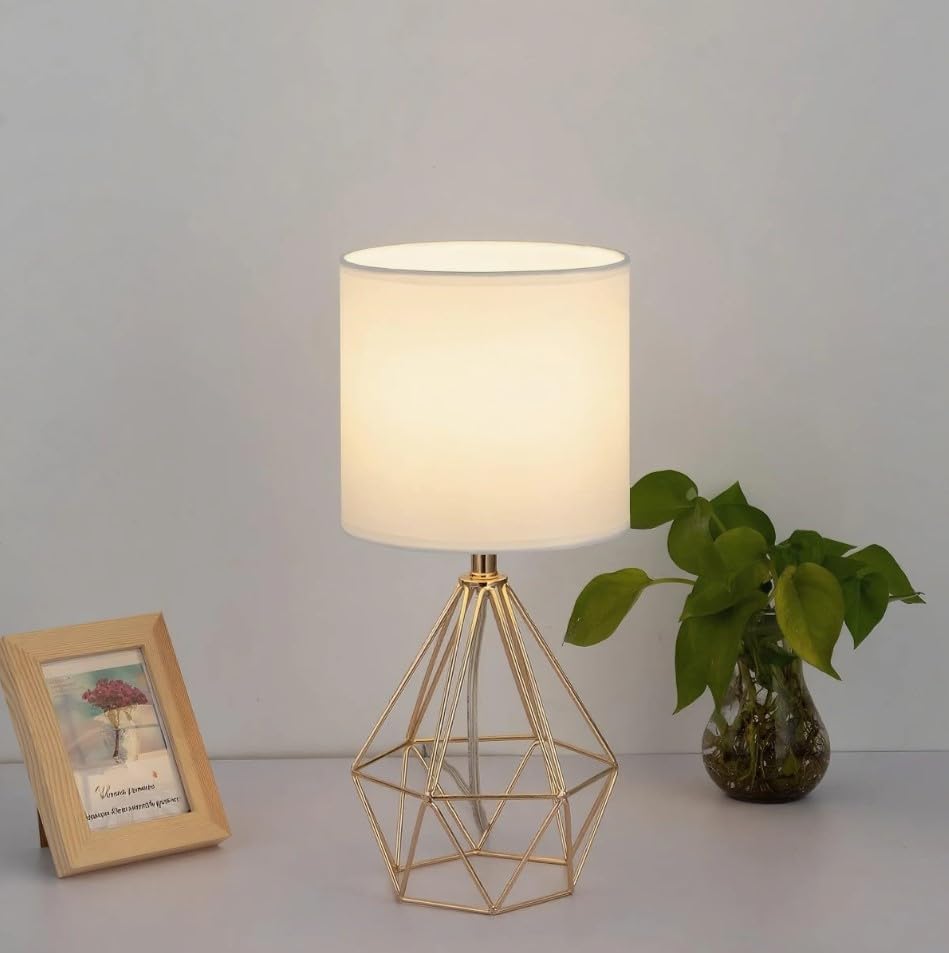 COTULIN Gold Modern Hollow Out Base Bedroom Small Table Lamp,Bedside Nightstand Lamp with Geometric Metal Base White Fabric Shade,Cute Desk Lamp for Kids Living Room
