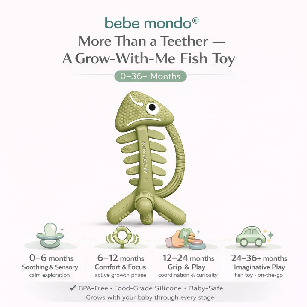 3 in 1 Infant Toys, Baby Teething Toys 3–6 6–12 Months, Teethers for Babies 0–3–6–12 Months for Teething Relief, Baby Gift, Baby Teether Toys, Silicone Sensory Toys, USA Patent Pending, Fish (Olive)