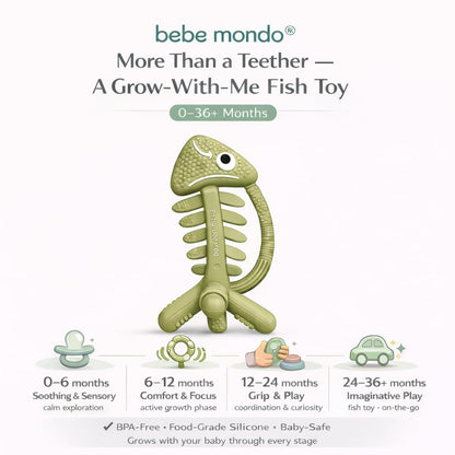 3 in 1 Infant Toys, Baby Teething Toys 3–6 6–12 Months, Teethers for Babies 0–3–6–12 Months for Teething Relief, Baby Gift, Baby Teether Toys, Silicone Sensory Toys, USA Patent Pending, Fish (Olive)