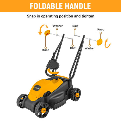 Hoteche 10-Amp Corded Electric Lawn Mower - 12.6 Inch Cutting Width, 30L Grass Bag, 3 Height Adjustments (1"-2.2"), Lightweight Walk-Behind Mower for Small/Medium Lawns (Easy Push Design)