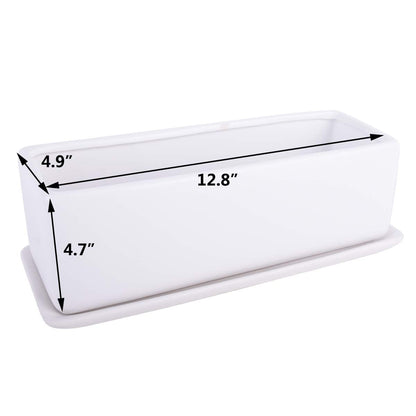 Vencer 12 Inch Rectangular Modern Minimalist Ceramic Succulent Planter Pot - Window Box with Saucer,Office Desktop Potted Stand,White,VF-0135