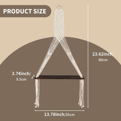 Trenqular 2 Pack Macrame Wall Hanging Shelf,Boho Wooden Display Floating Shelves with Handmade Woven Rope,Rustic Wood Floating Storage Shelf,for Living Room Hanging Plants Photos