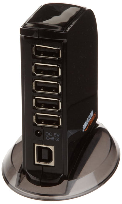 Amazon Basics 7 Port USB 2.0 Hub Tower with 5V/4A Power Adapter, Plug and Play, Charging Ports, Black