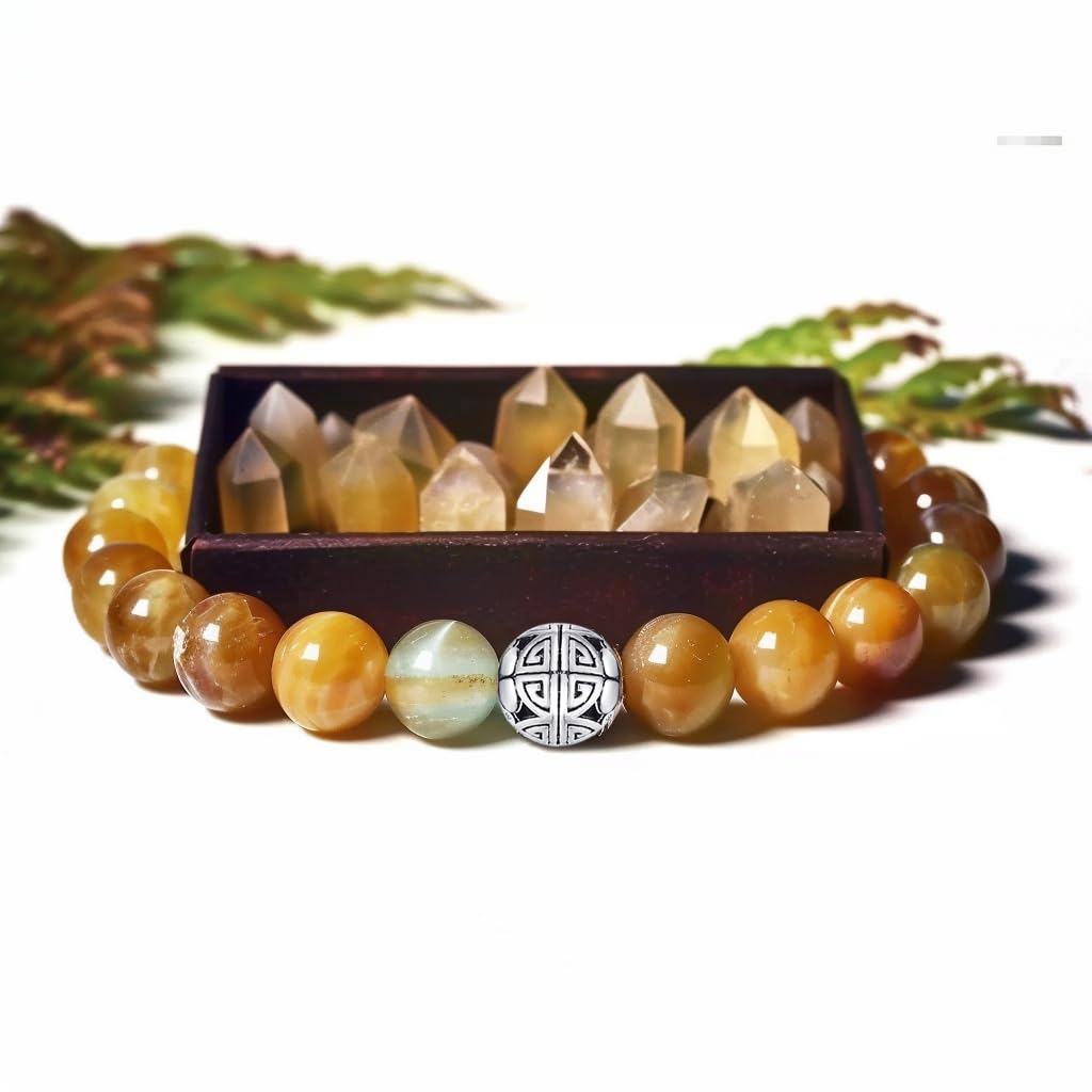 MetJakt Healing Crystals Beaded Bracelets for Womens Natural Gemstone 8mm Beads Stretch Bracelets with 925 Sterling Silver Double Happiness Pendant (Golden Tiger Eye)