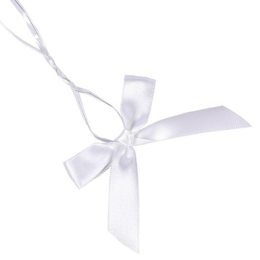 BeiLeiNiceHK 100 Pack White Twist Tie Bow, Pre Tied Bows,Christmas Satin Twist Tie Bows for Treat Bags,Packaging Bows for Candies and Apples, Pretied Ribbon Bows for DIY Decorations,Treat Bows