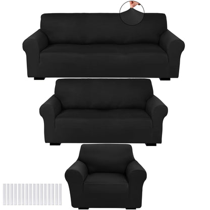 Peryiter 3 Pcs Slipcover Set for Couch Furniture Covers for Sofa Loveseat Couch Arm Chair, Form Fit Stretch, Wrinkle Free, Furniture Protector(Black,Milk Silk Spandex)
