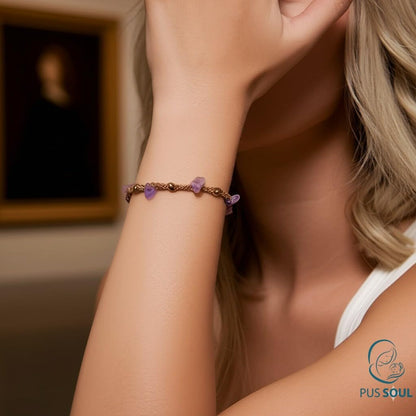 PusSoul Handmade Amethyst Small Crystal Bracelet (6.5-7.5'') - Adjustable & Plus Size, Natural Healing Crystal Chips, Waterproof, Chakra Beaded - Unusual Jewelry for Women, Girl & Friendship from