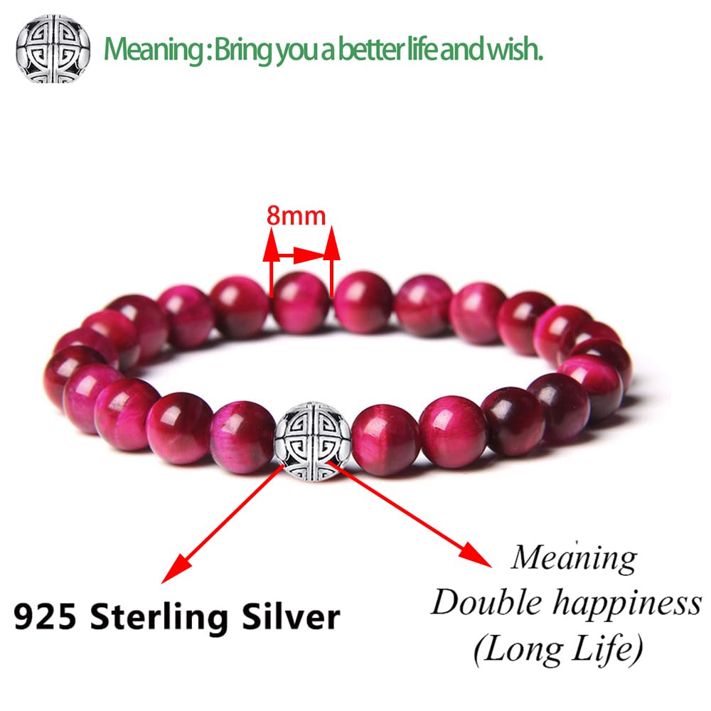 MetJakt Healing Crystals Beaded Bracelets for Womens Natural Gemstone 8mm Beads Stretch Bracelets with 925 Sterling Silver Double Happiness Pendant (Red Tiger Eye)