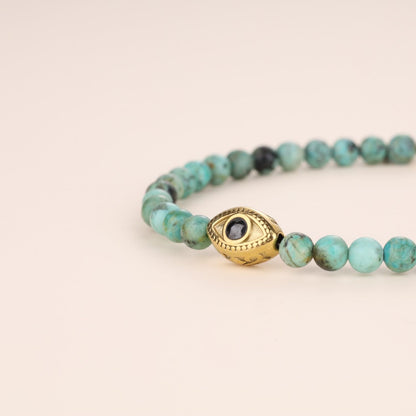 COAI African Turquoise Bracelet for Women, Evil Eye Charm Crystal Beaded Bracelet for Women 4mm