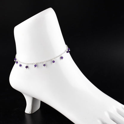 Yanara Amethyst Ankle Bracelets for Women, Natural Purple February Birthstone Silver Plated Jewelry 8.5”+1.5” inch Adjustable Chain, Chakra Crystals and Gemstones, Dainty Minimalist Birthday Gifts for Women